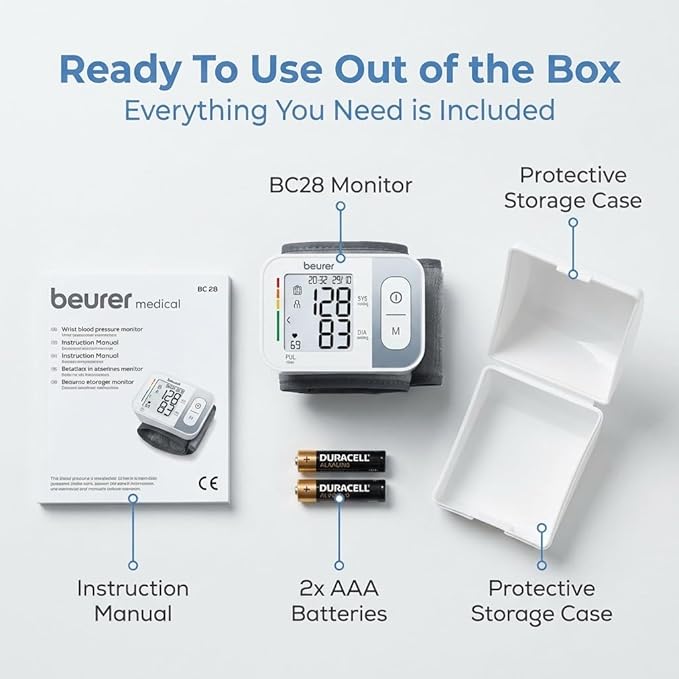 Retail packaging box of the Beurer BC 28 fully automatic wrist blood pressure and pulse measurement monitor.