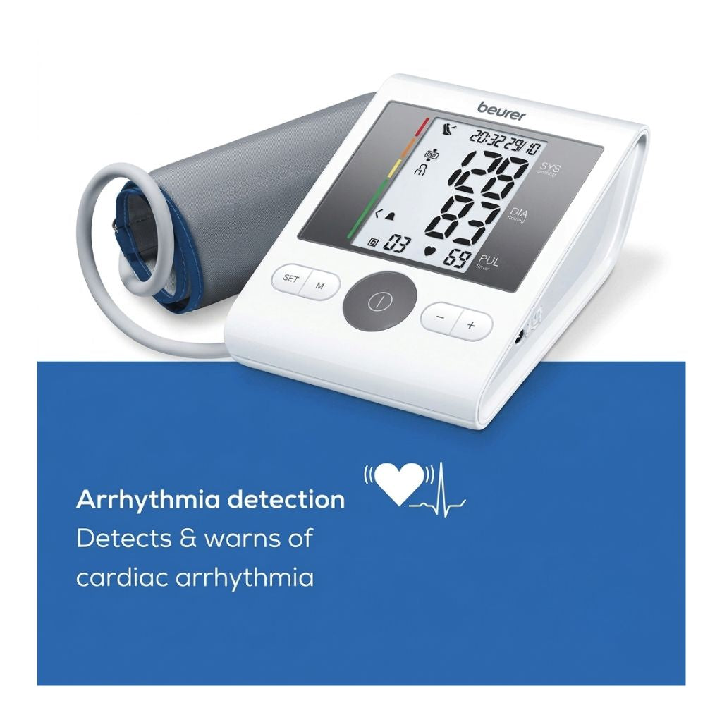 Beurer blood pressure monitor with arrhythmia detection technology that detects and warns of cardiac arrhythmia.