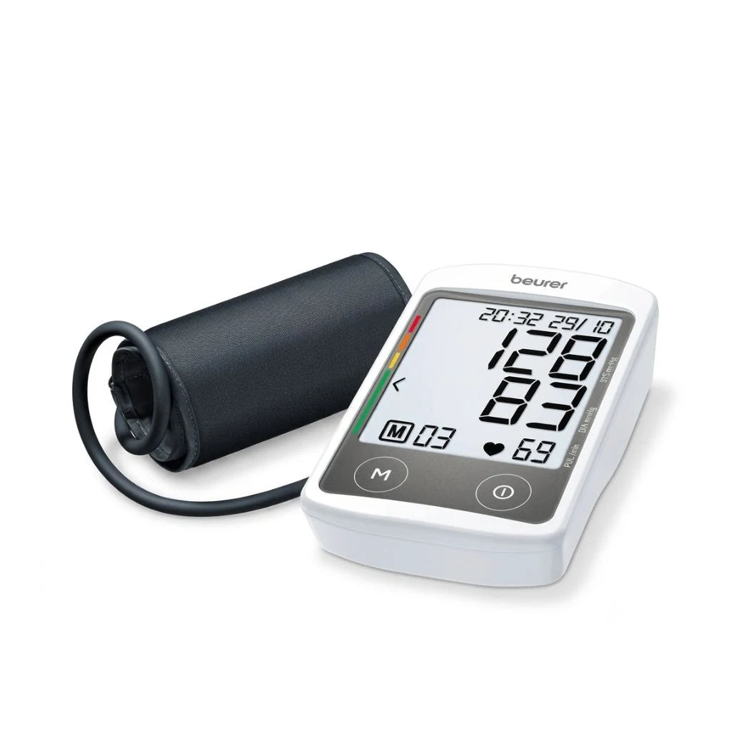 Beurer blood pressure monitor BM 46 fully automatic upper arm displayed  its connected adjustable grey arm cuff.