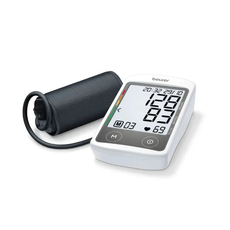 Complete setup overview showcasing the digital display monitor and the connected cuff for the beurer blood pressure monitor BM46.
