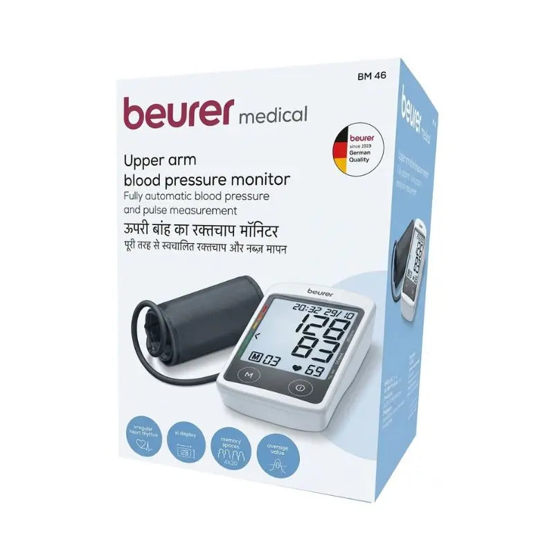 Retail packaging box displaying fully automatic upper arm blood pressure and pulse measurement features for the beurer blood pressure monitor BM46.