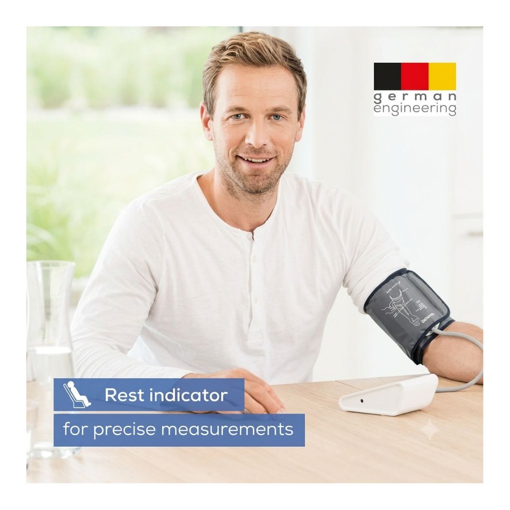 Beurer blood pressure monitor featuring German engineering and a rest indicator for precise measurements.
