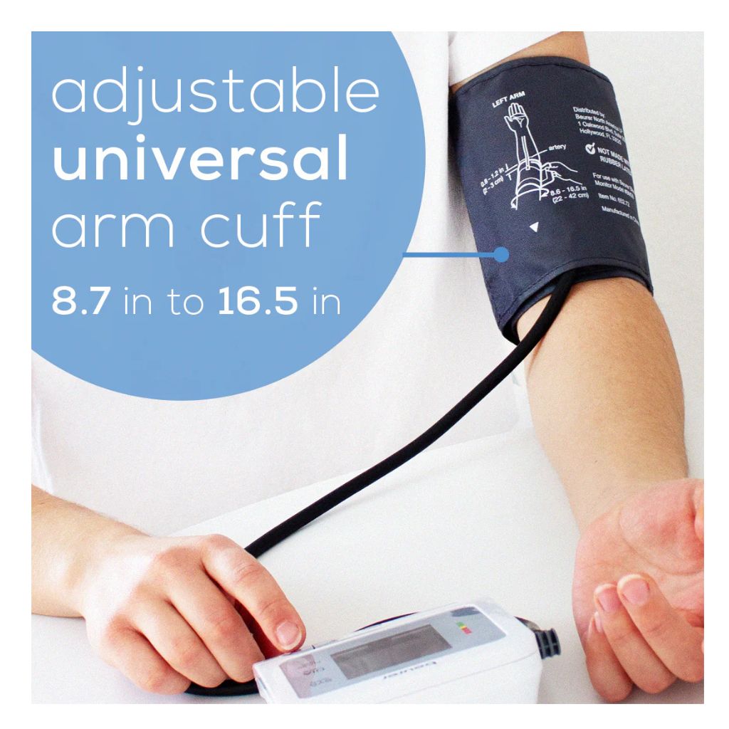 Person wearing the Beurer BM 26 adjustable universal arm cuff, sized 8.7 in to 16.5 in.