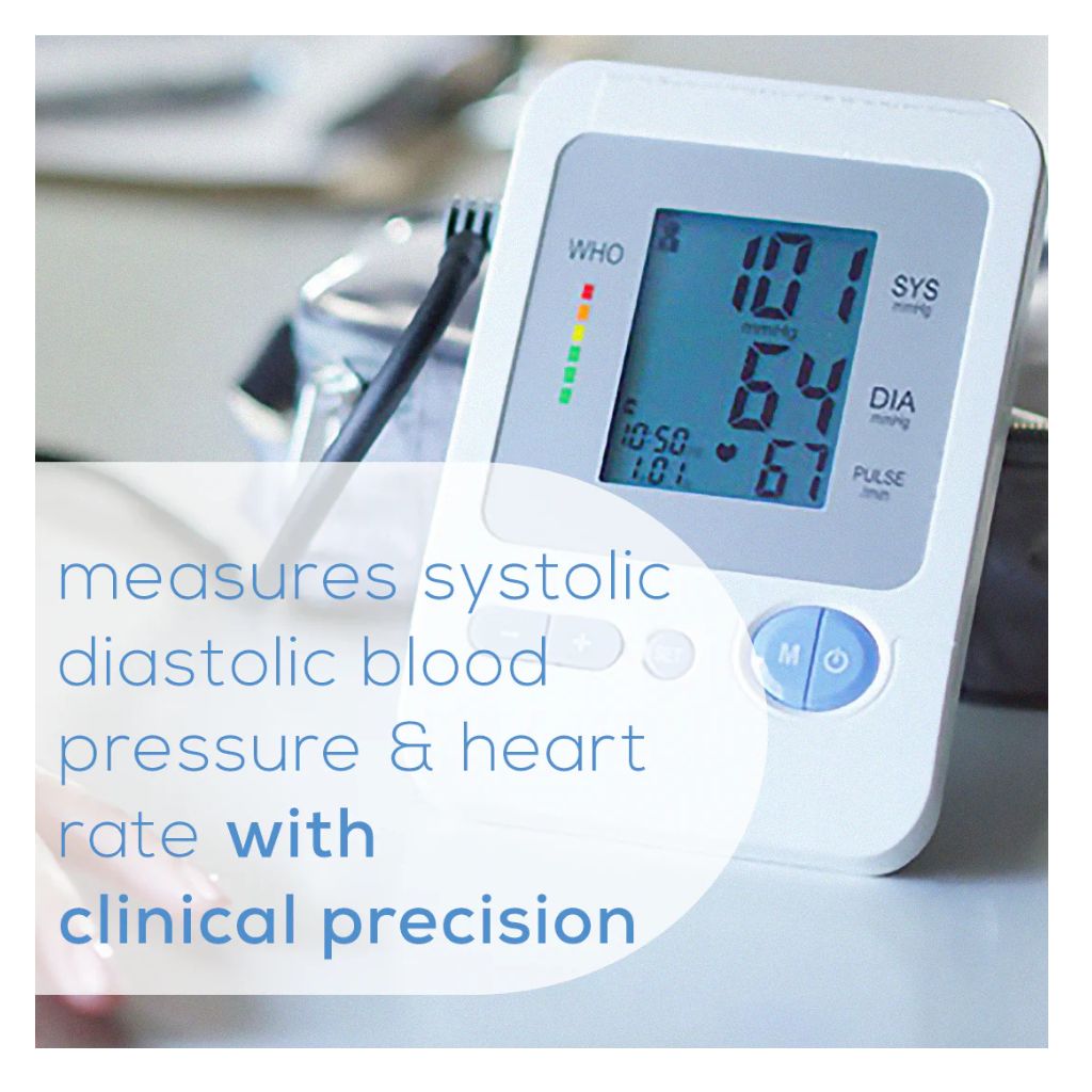 Beurer BM 26 blood pressure monitor displaying systolic, diastolic, and heart rate readings.