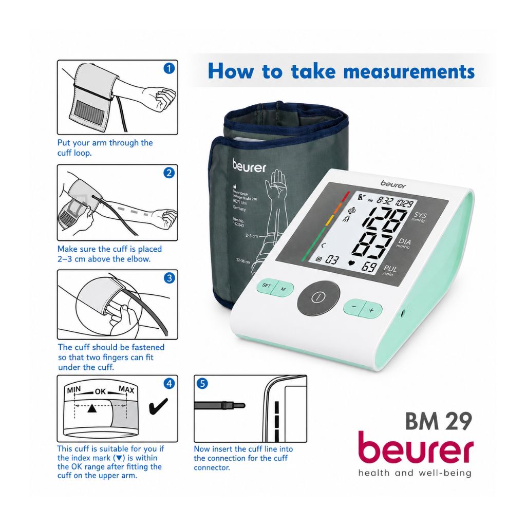 Step-by-step instruction guide on how to take accurate blood pressure measurements using the Beurer BM 29 upper arm monitor and adjustable cuff.