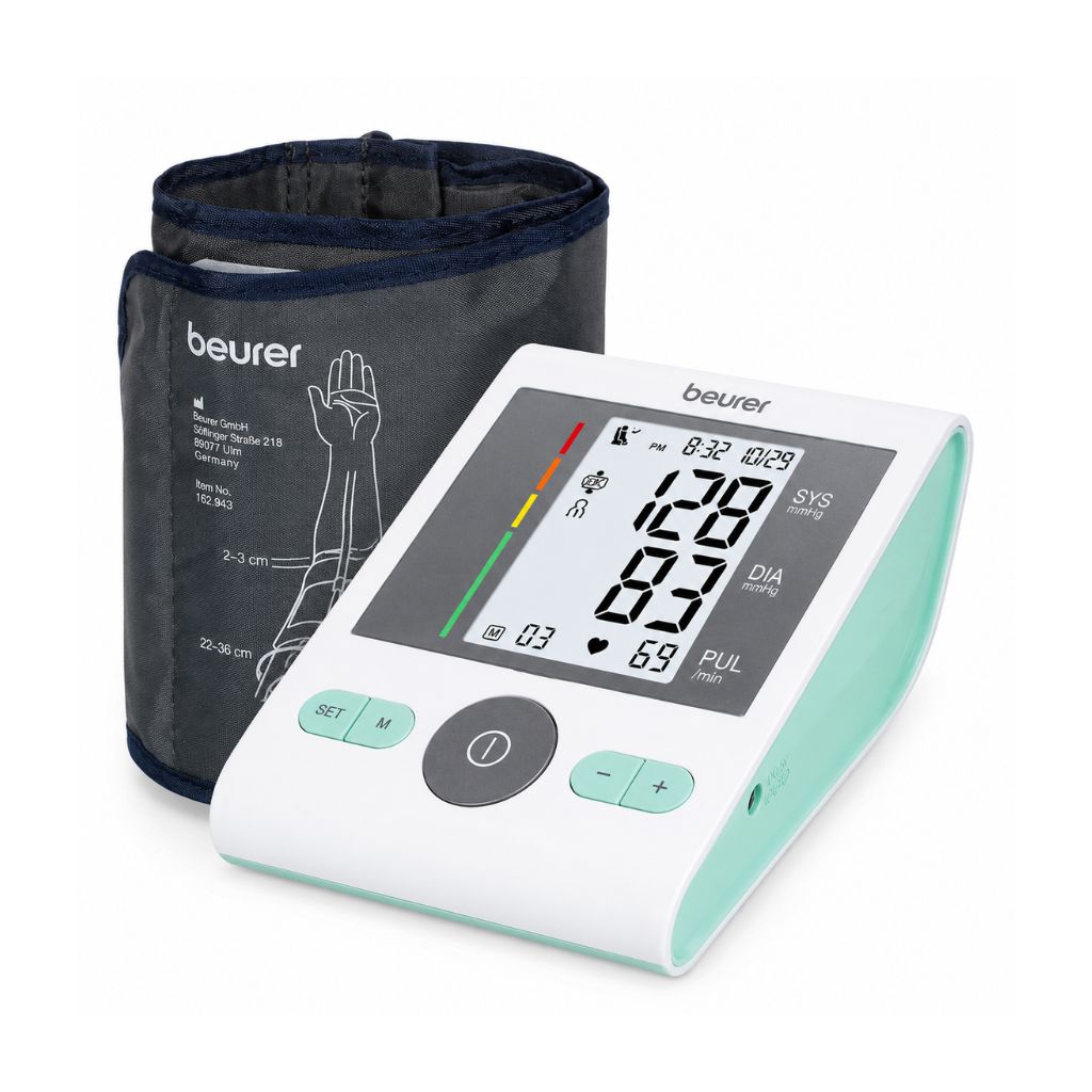 The Beurer BM 29 digital upper arm blood pressure monitoring machine is shown alongside its adjustable universal arm cuff designed for 22 to 36 cm arm circumferences.