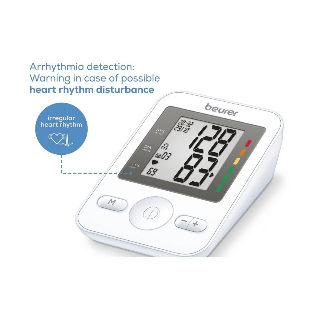 Beurer BM 36 monitor highlighting the arrhythmia detection feature for identifying heart rhythm disturbances.