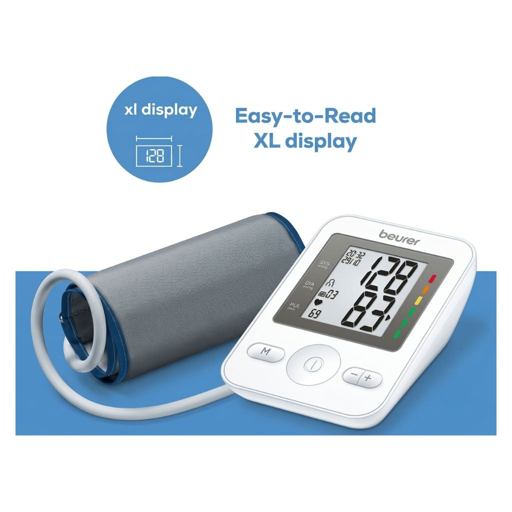 Beurer BM 36 blood pressure monitor highlighting the easy-to-read XL display for clear measurement results.