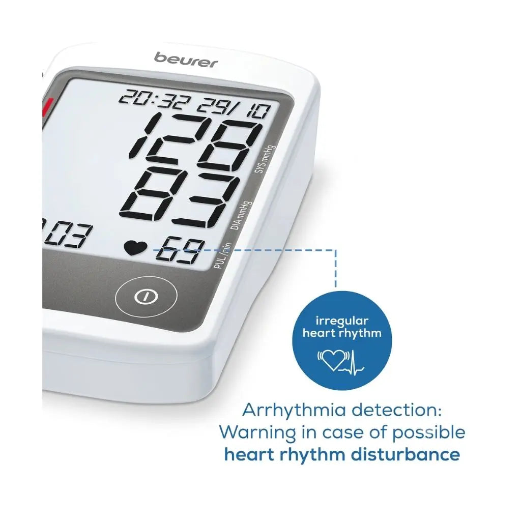 Close-up of the Beurer BM 46 blood pressure monitor screen showing the irregular heartbeat icon and arrhythmia detection warning feature.