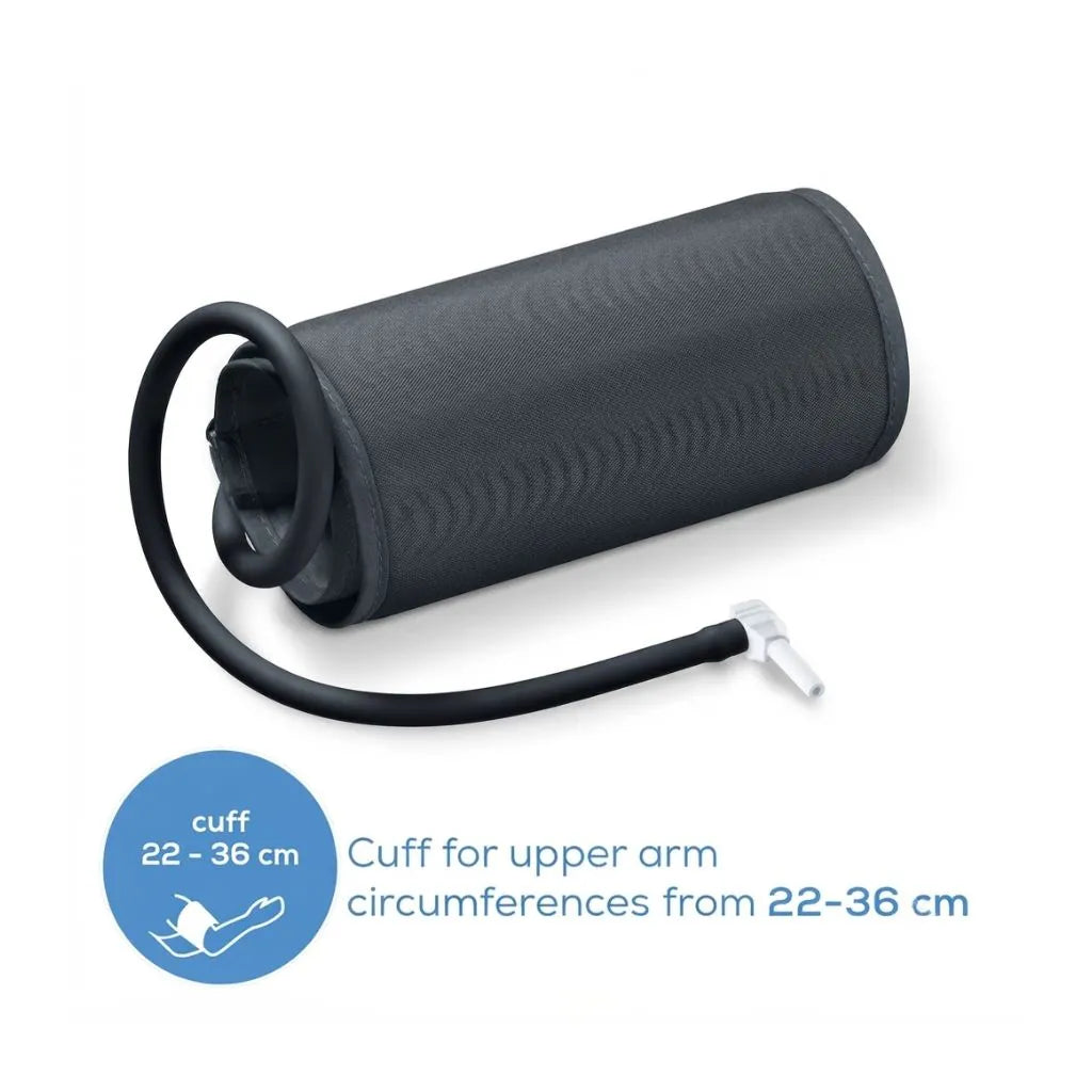 Adjustable grey upper arm cuff with air tube and connector for the Beurer BM 46 blood pressure monitor, fitting arm circumferences from 22 to 36 cm.