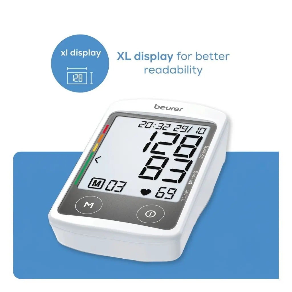 Close-up of the Beurer BM 46 digital blood pressure monitor featuring an illuminated XL LCD display for high readability of systolic, diastolic, and pulse measurements.