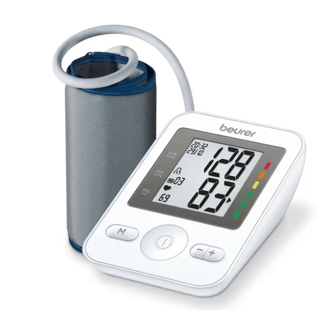 Complete device setup including the digital monitor and connected upper arm cuff of the Beurer BP Machine Beurer BM36.
