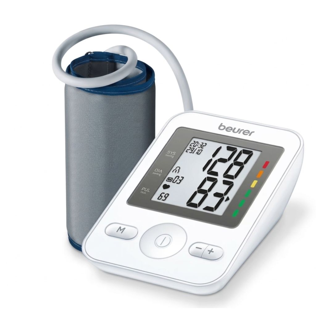 Beurer BP Machine BM 36 upper arm blood pressure monitor with cuff, featuring a digital display.