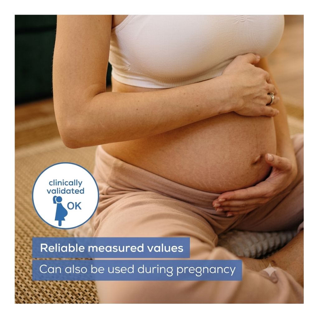 Beurer clinically validated blood pressure monitor displaying reliable measured values, suitable for use during pregnancy.