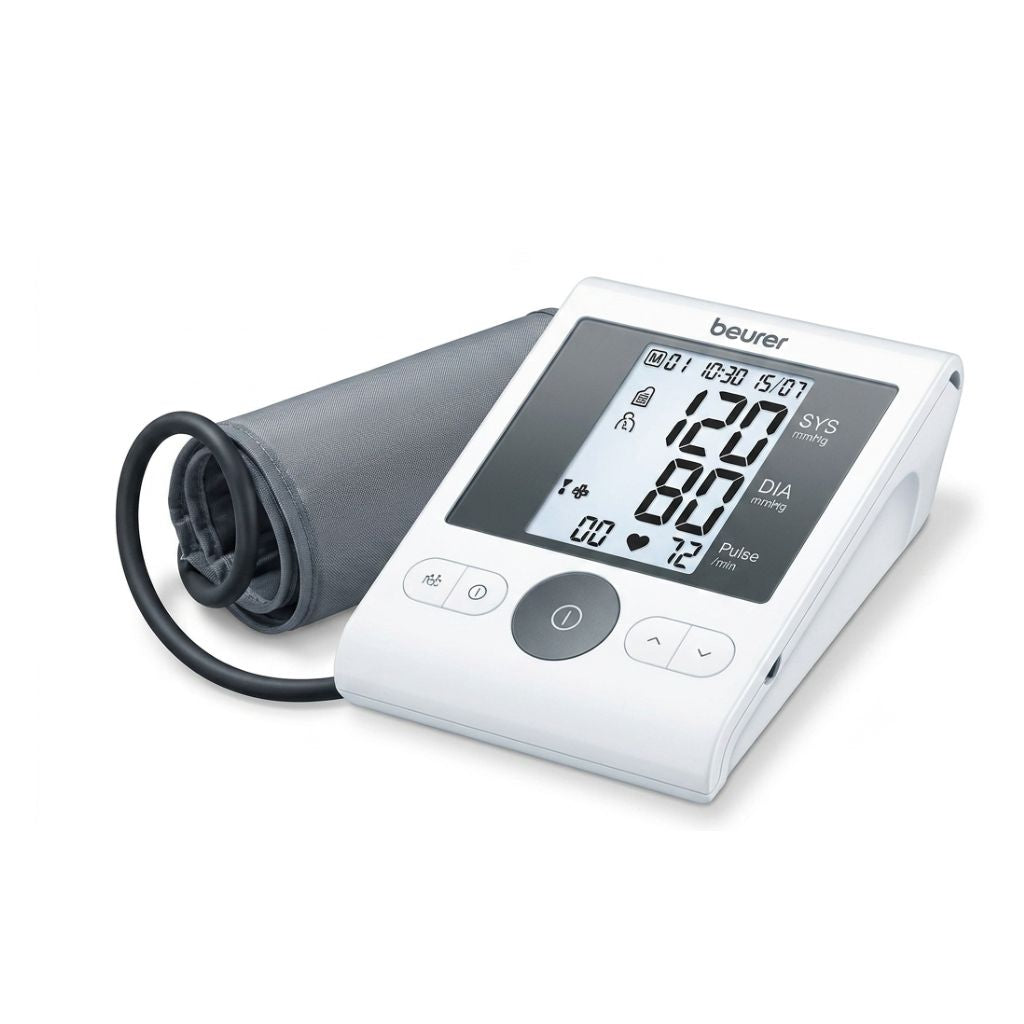 Beurer digital BP monitor display showing SYS, DIA, and Pulse measurements in mmHg.