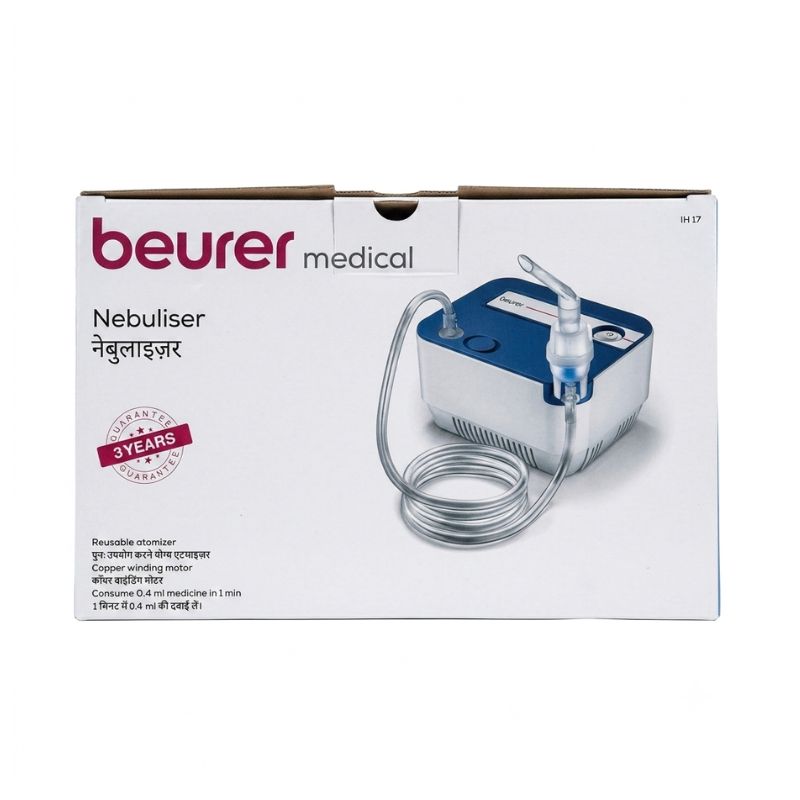 Beurer IH17 medical nebuliser box front – 3-year warranty, reusable atomizer, copper winding motor, consumes 0.4 ml of medicine per minute, and compressed air technology for effective respiratory therapy.