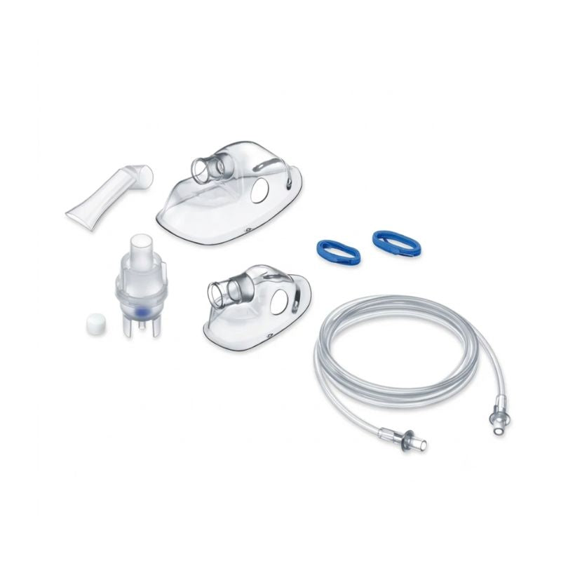 Beurer IH17 nebuliser accessories close-up – adult mask, baby mask with strap, atomizer, 10 replacement filters, and hose for hygienic and effective respiratory therapy for the whole family.