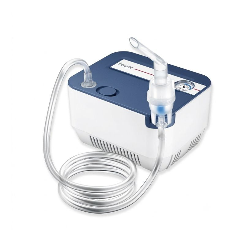 Beurer IH17 nebuliser complete kit – main machine with adult mask, baby mask, atomizer, 10 filters, hose, and strap, offering everything needed for immediate and effective respiratory therapy at home.