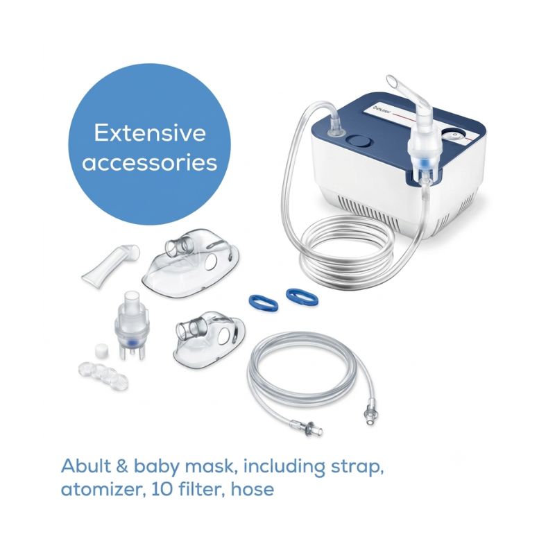 Beurer IH17 nebuliser extensive accessories – adult and baby mask including strap, atomizer, 10 filters, and hose for comprehensive and hygienic respiratory therapy at home.