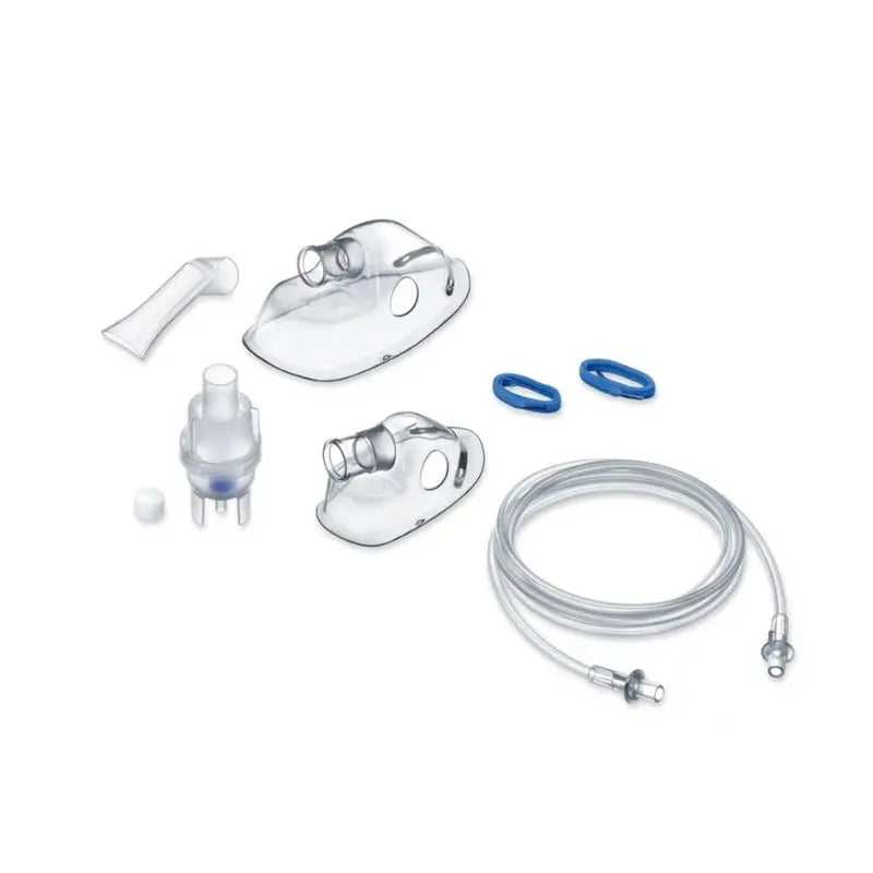 Compact white and blue compressor unit of the Beurer nebuliser connected with an atomizer and mouthpiece.