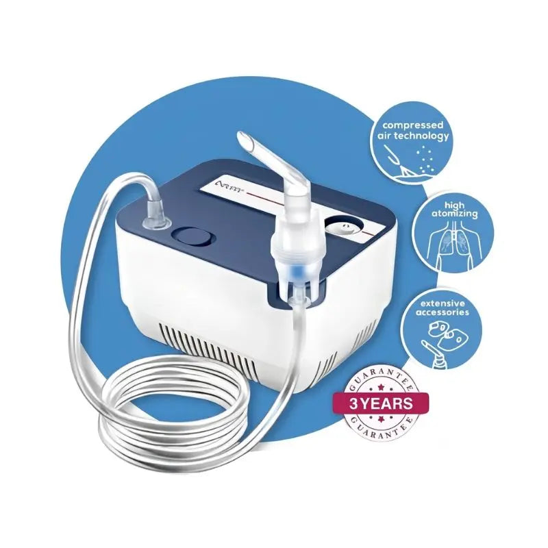 Promotional infographic banner highlighting compressed air technology and high atomizing features of the Beurer nebuliser.