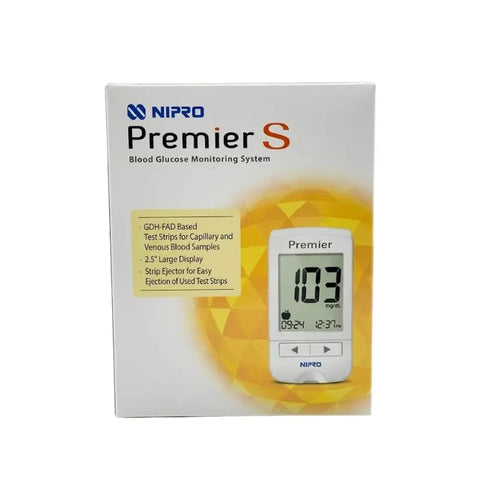 Front view of the retail packaging box highlighting GDH-FAD technology and core features for the Blood Glucose Monitoring Device Nipro Premier S.