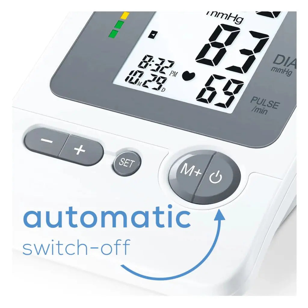 Close-up of the screen and control buttons featuring automatic switch-off on the Blood Pressure Machine Beurer BM26.
