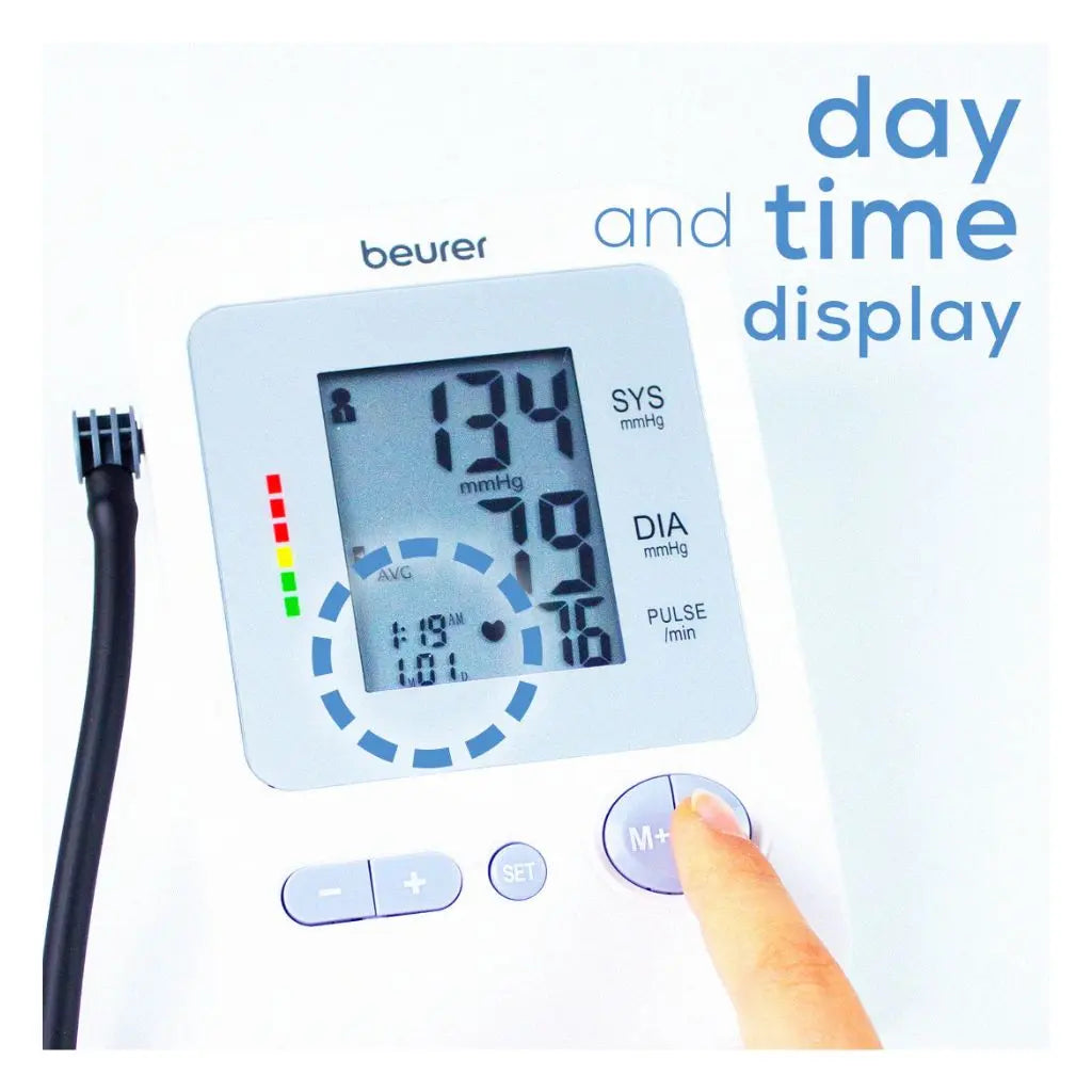Close-up of the digital screen and control button highlighting the day and time display feature on the Blood Pressure Machine Beurer BM26.
