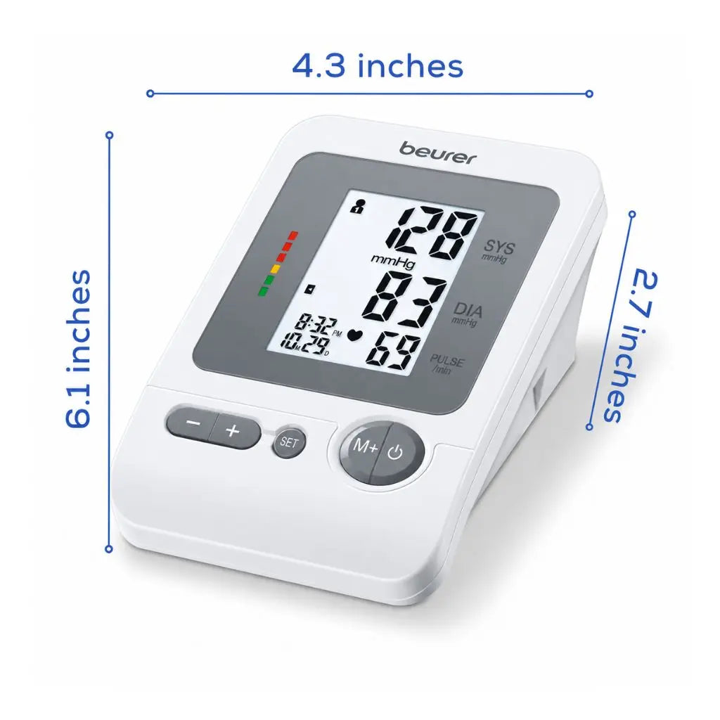 Overview showing device dimensions of 4.3 inches width, 6.1 inches height, and 2.7 inches depth for the Blood Pressure Machine Beurer BM26.