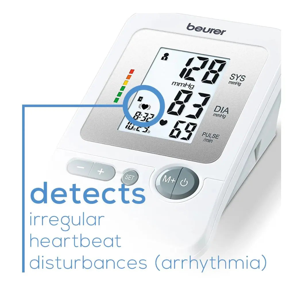 Highlight of the irregular heartbeat detection feature warning of arrhythmia on the Blood Pressure Machine Beurer BM26.