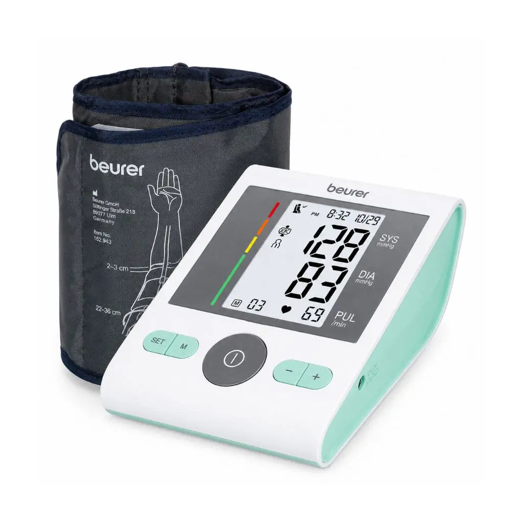 Complete setup overview showcasing the digital display monitor and upper arm cuff for the blood pressure monitoring machine Beurer BM 29.