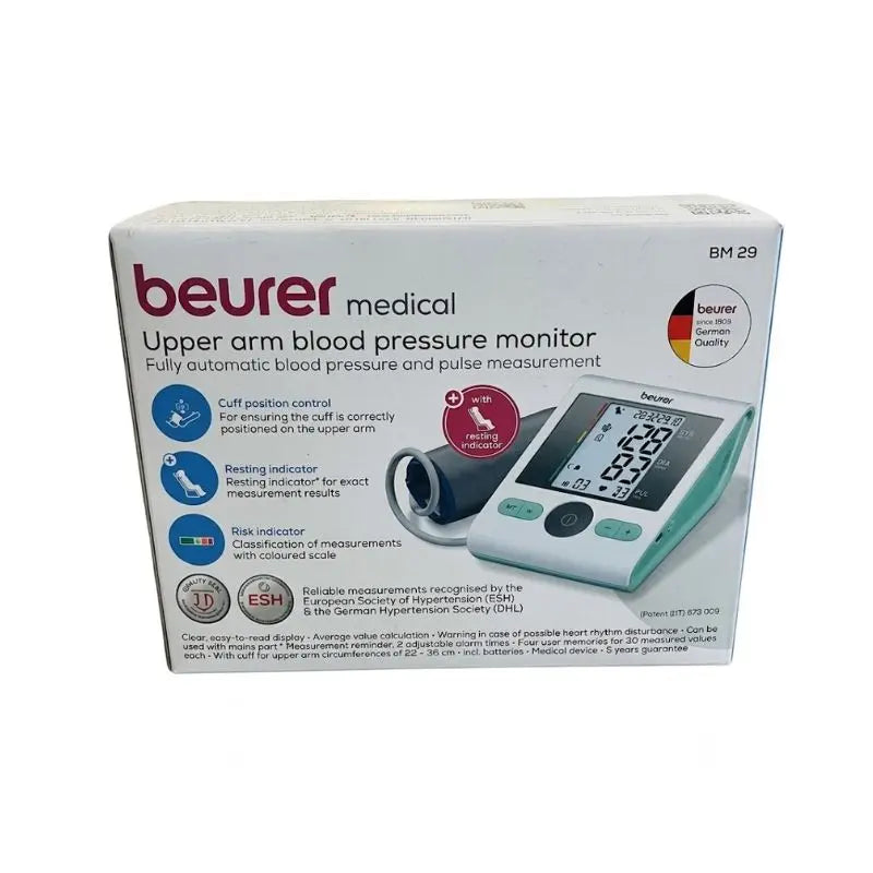 Retail packaging box displaying fully automatic upper arm measurement features for the blood pressure monitoring machine Beurer BM 29.