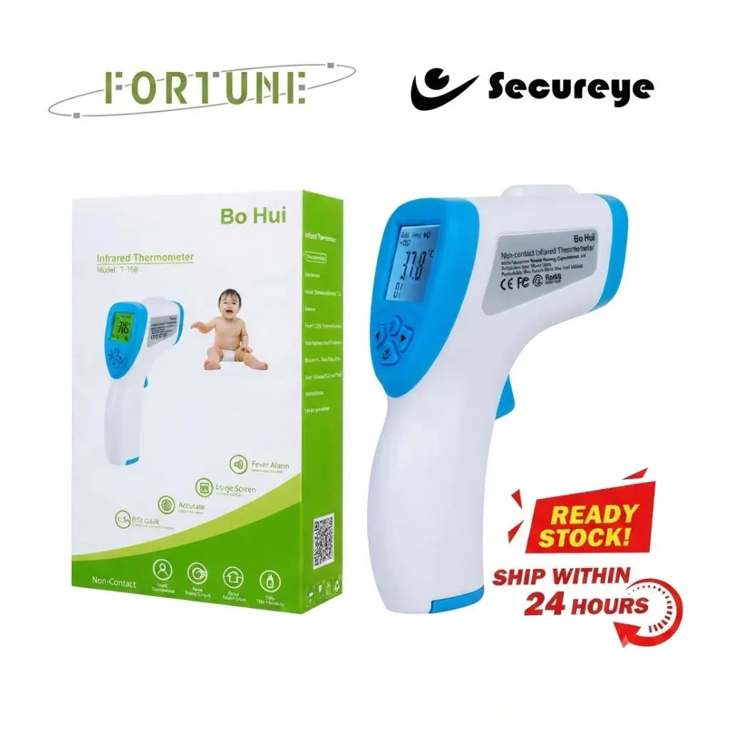 Bo Hui infrared thermometer Model T-159 with fever alarm, L-sense screen, accurate non-contact measurement, CE FCC RoHS certified, and ready stock with 24-hour shipping for fast delivery.