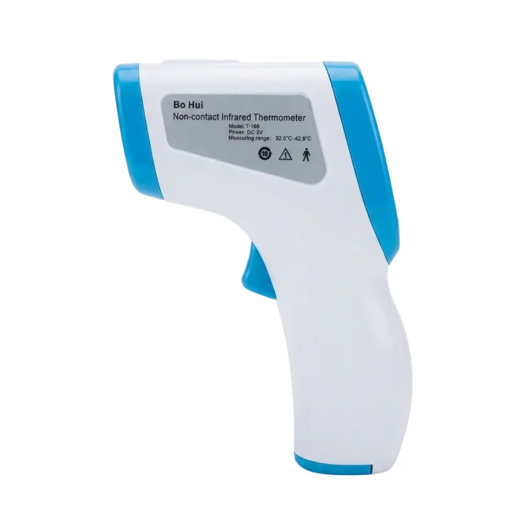 Bo Hui non-contact infrared thermometer Model T-168 with DC 2V power, measuring range 32.0°C - 42.9°C, and clear digital display for accurate body temperature monitoring.