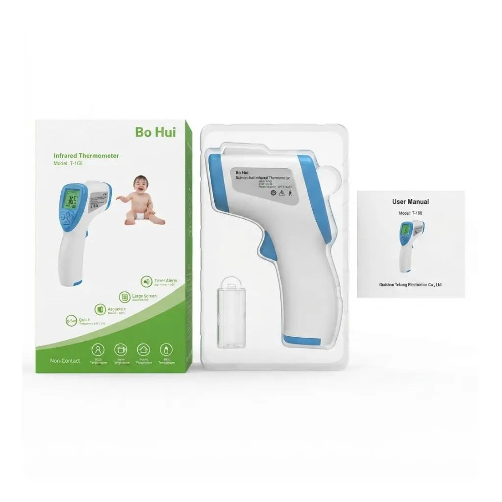 Bo Hui non-contact infrared thermometer Model T-168 with user manual, large easy-to-read screen, fever alarm, non-contact quick measurement, and Guangzhou Tekang Electronics manufacturing for reliable temperature monitoring.