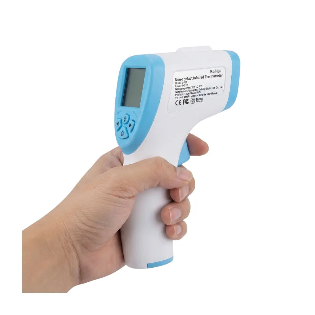 Bo Hui non-contact infrared thermometer Model 5-08 featuring CE and FCC certification for safe and accurate temperature measurement without skin contact.