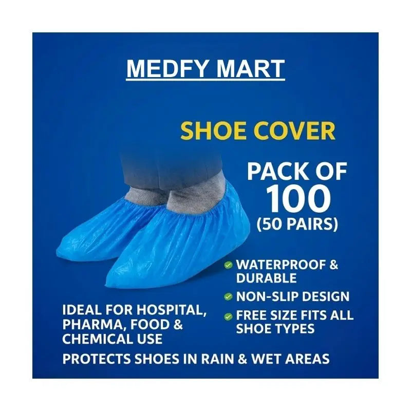 Promotional card for a pack of 100 plastic shoe cover highlighting waterproof, durable, and non-slip benefits for medical and home use.
