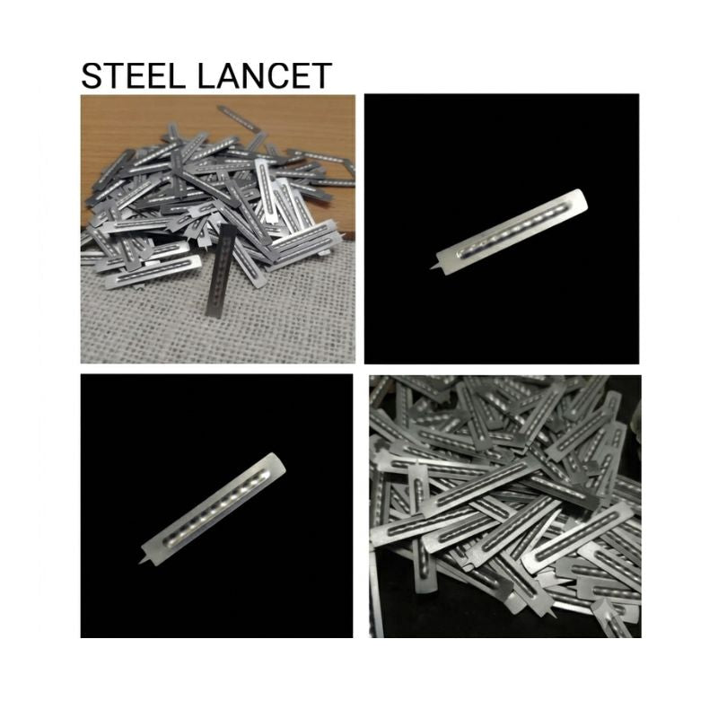 Bulk supply of sterile stainless steel blood lancets designed for medical blood glucose testing.