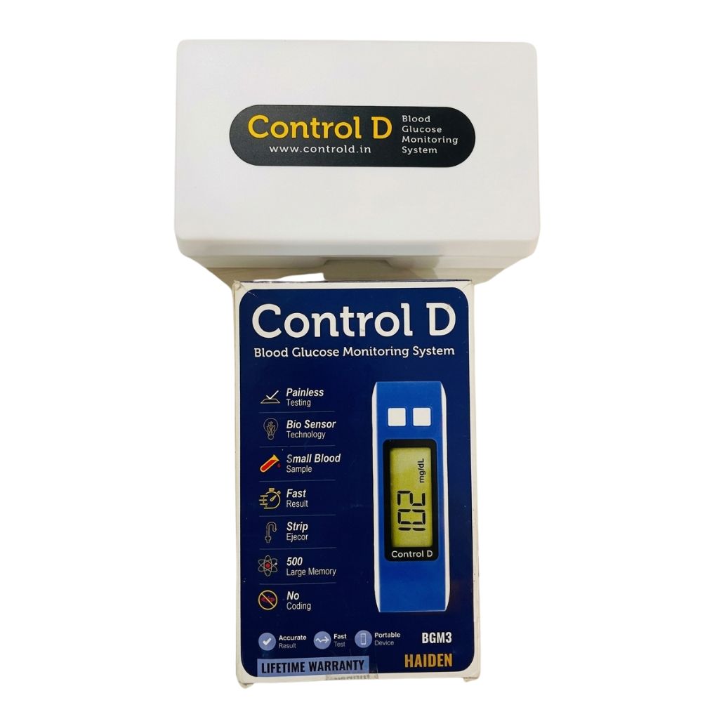 Control D glucometer with painless testing, biosensor technology, small blood sample, fast results, strip ejector, large memory, and lifetime warranty.