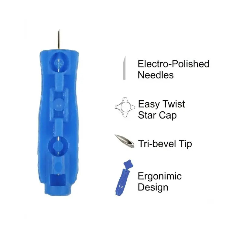 Control D blood lancet features – electro-polished needles, easy twist star cap, tri-bevel tip for smooth and comfortable blood sampling, and ergonomic design for easy handling.
