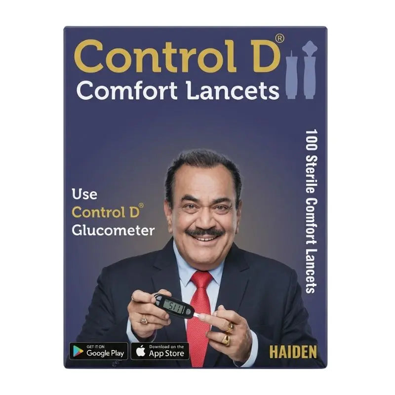 Control D comfort lancets 100 – sterile comfort lancets for use with Control D glucometer, featuring GET IT ON Google Play and App Store badges for easy mobile app download.