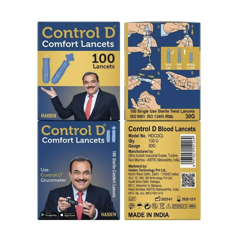 Control D comfort lancets 100 – 100 single use sterile twist lancets, 30G gauge, compatible with Control D glucometer, manufactured by Haiden Technology, with QR code for easy mobile app access and MADE IN INDIA label.