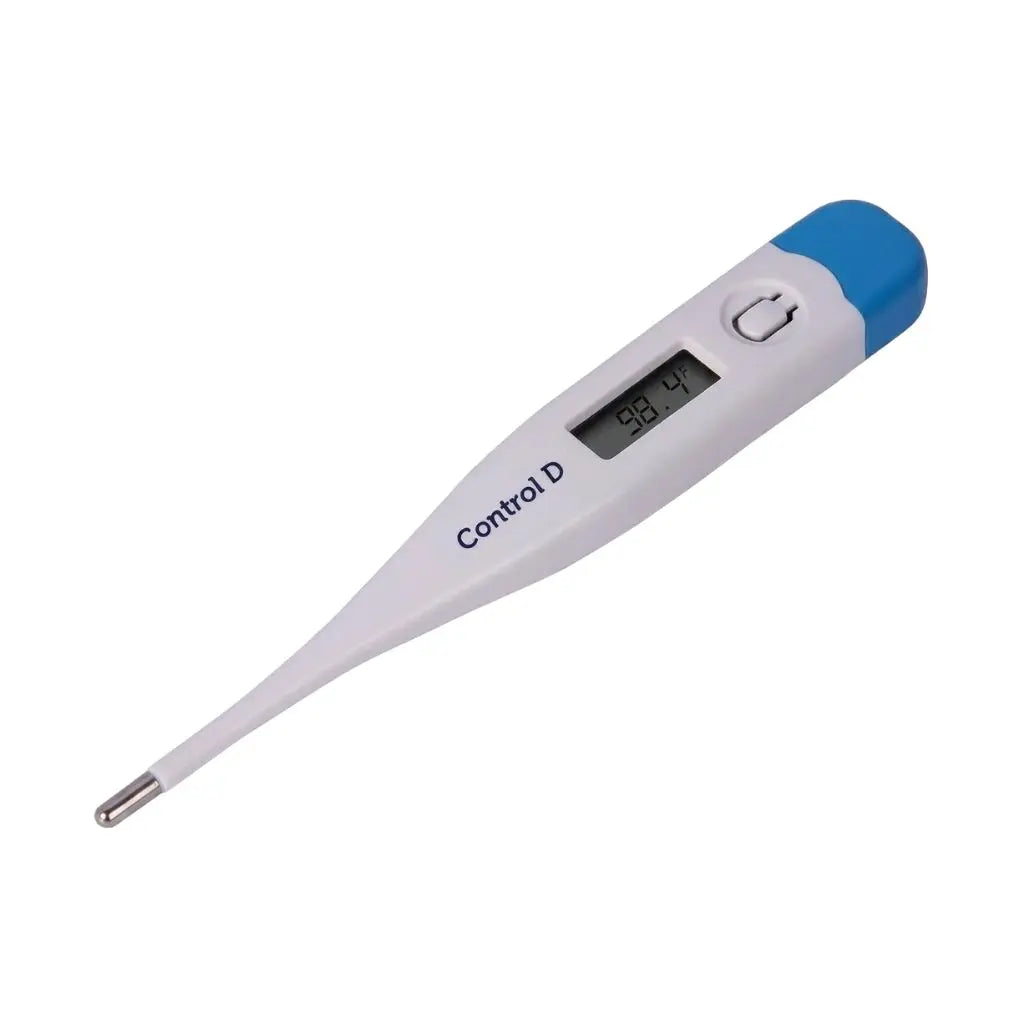 Close-up view of Control D digital thermometer for fever showing 97.3°F reading on the LCD display with last reading recall function for convenient temperature tracking.