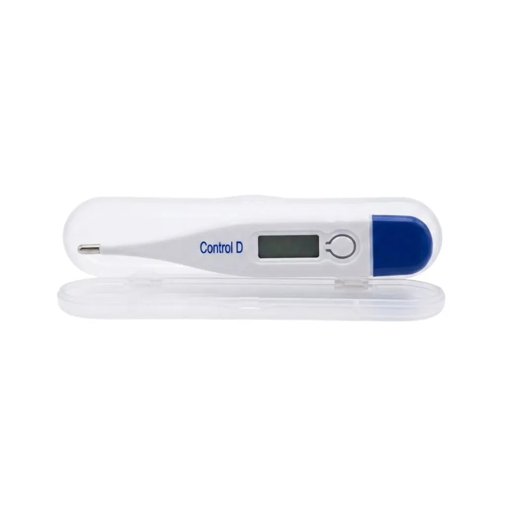 Control D digital thermometer for fever complete retail packaging box open – a mercury-free clinical thermometer with high accuracy for pediatric and adult use at home or clinic.