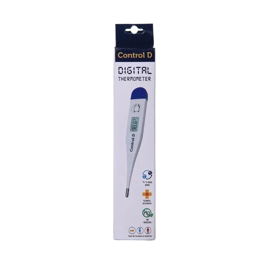 Control D digital thermometer for fever featuring no mercury, clinical accuracy, ideal for pediatric and adult use, and a clear digital display for fast and reliable temperature readings.