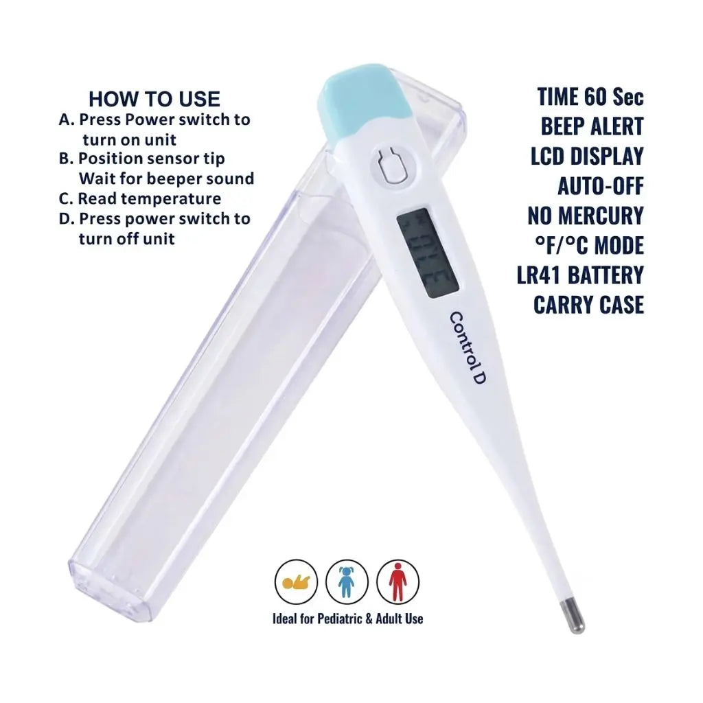 How to use Control D digital thermometer for fever – press power switch, position sensor tip, read temperature, and auto-off – with 60-second response, beep alert, LCD display, no mercury, °F/°C mode, LR41 battery, and carry case.