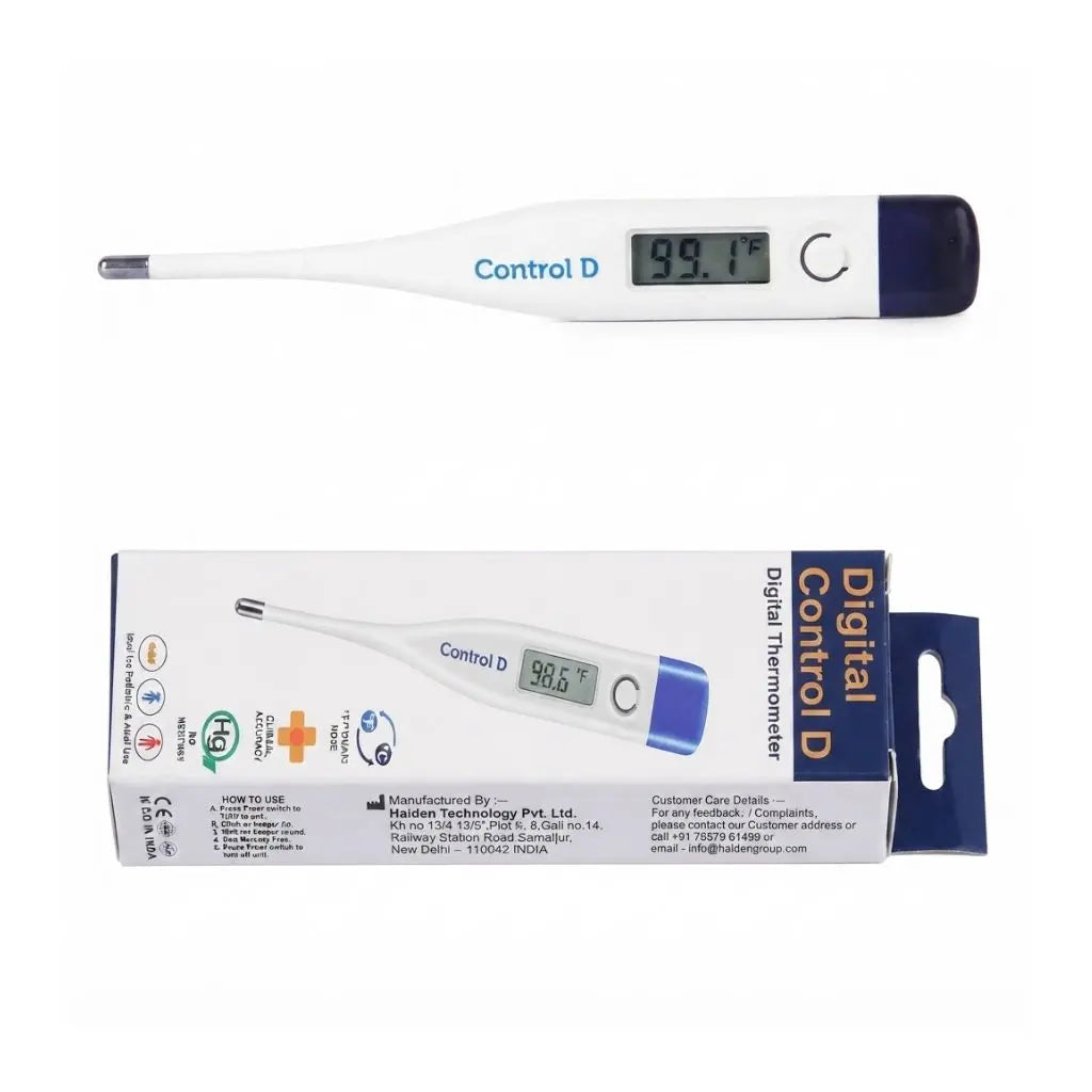 Control D digital thermometer for fever manufacturing details and customer care information by Haiden Technology Pvt. Ltd. with contact details for feedback and complaints.