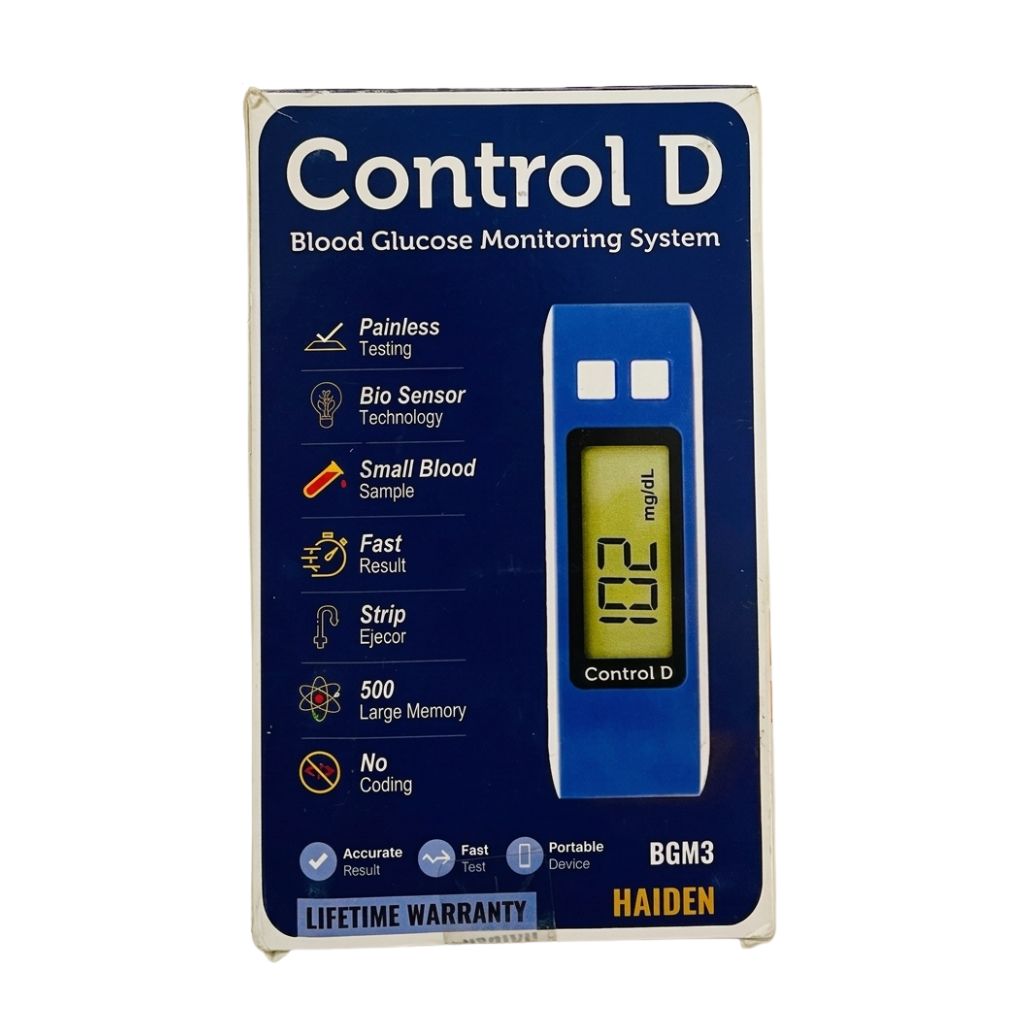 Control D Glucometer Strips – a blood glucose monitoring system BGM3 showing accurate results with no coding, fast test, portable design and lifetime warranty by HAIDEN.