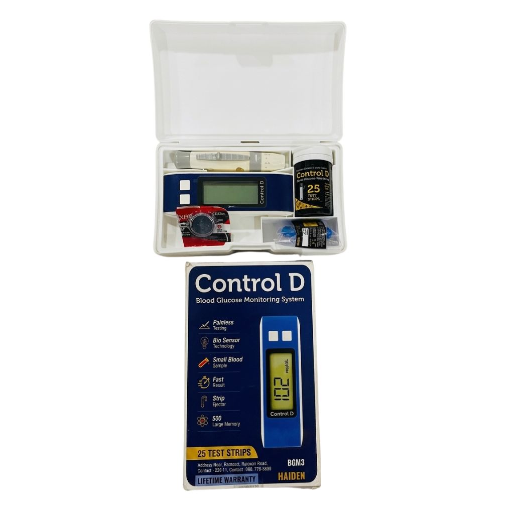 Control D blood glucose monitor kit with 25 test strips – a complete diabetes management solution with strip ejector and large memory.