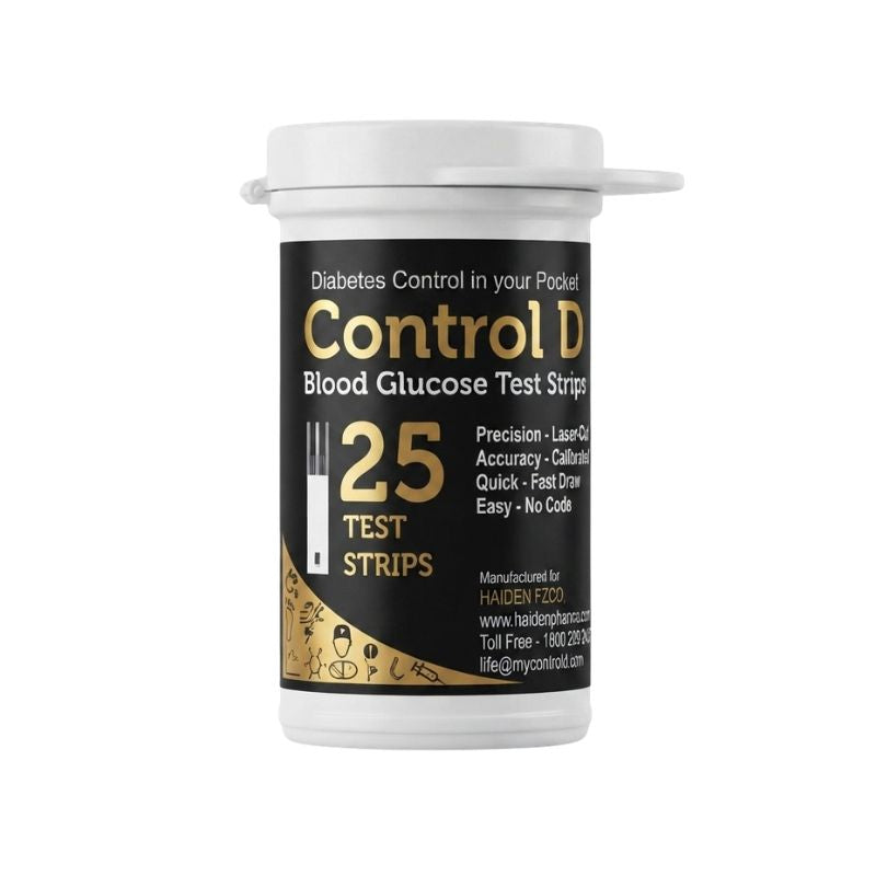 Control D strips 25 blood glucose test strips box featuring precision laser patterning, accuracy calibration, quick fast draw, and easy no-code technology for reliable diabetes management.